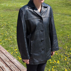 Women's Black Leather Jacket Button Down Size Large